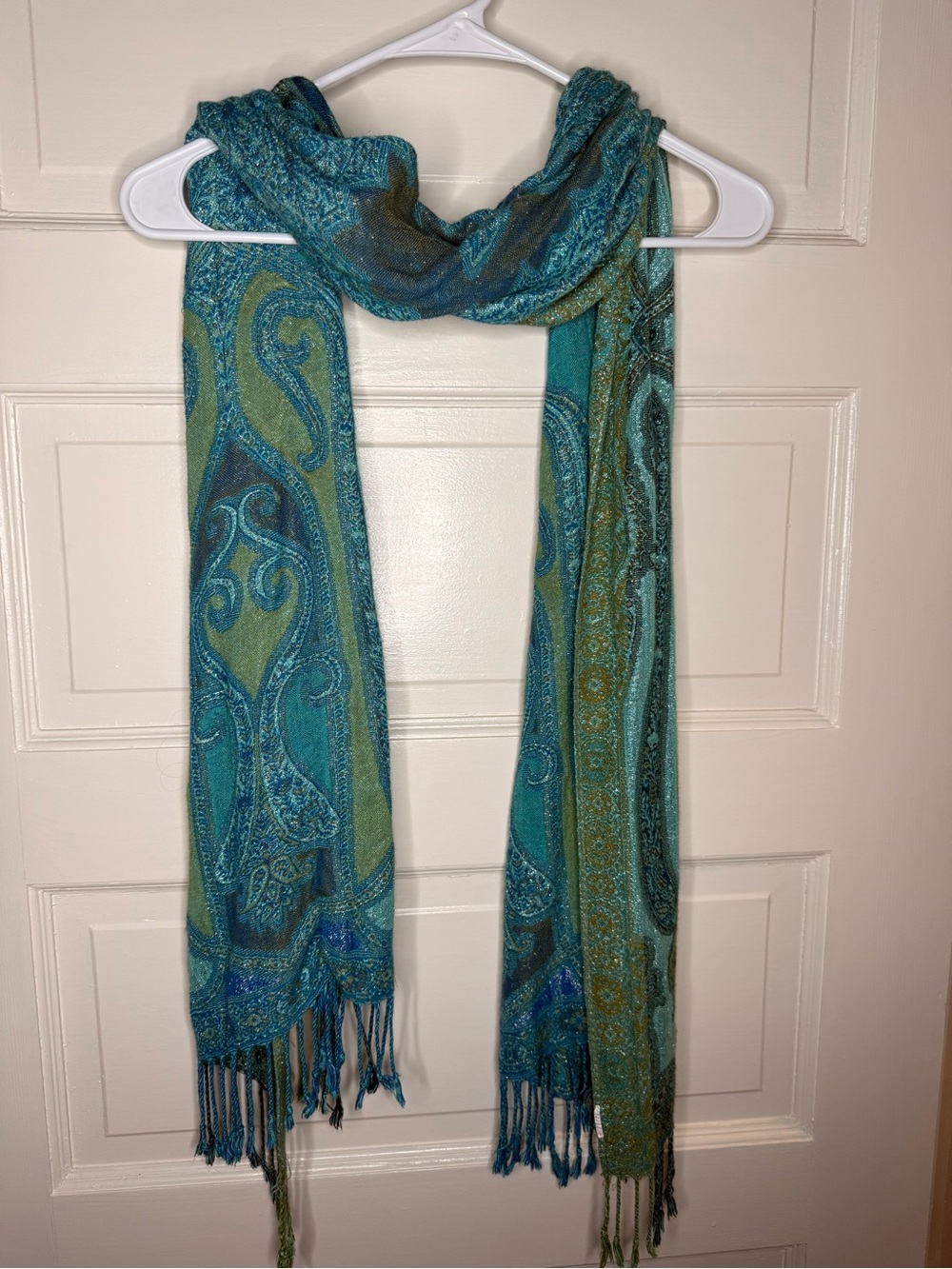 Y2k Teal Paisley Fringe Scarf - Women Accessories